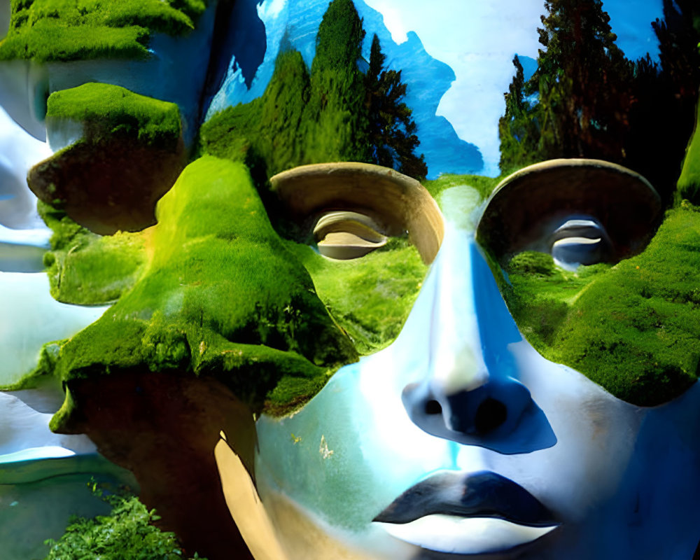 Sculpture of serene face adorned with greenery under blue sky
