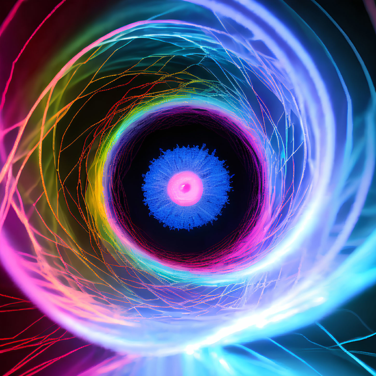 Colorful Abstract Digital Tunnel with Neon Lights in Blue, Pink, and Orange