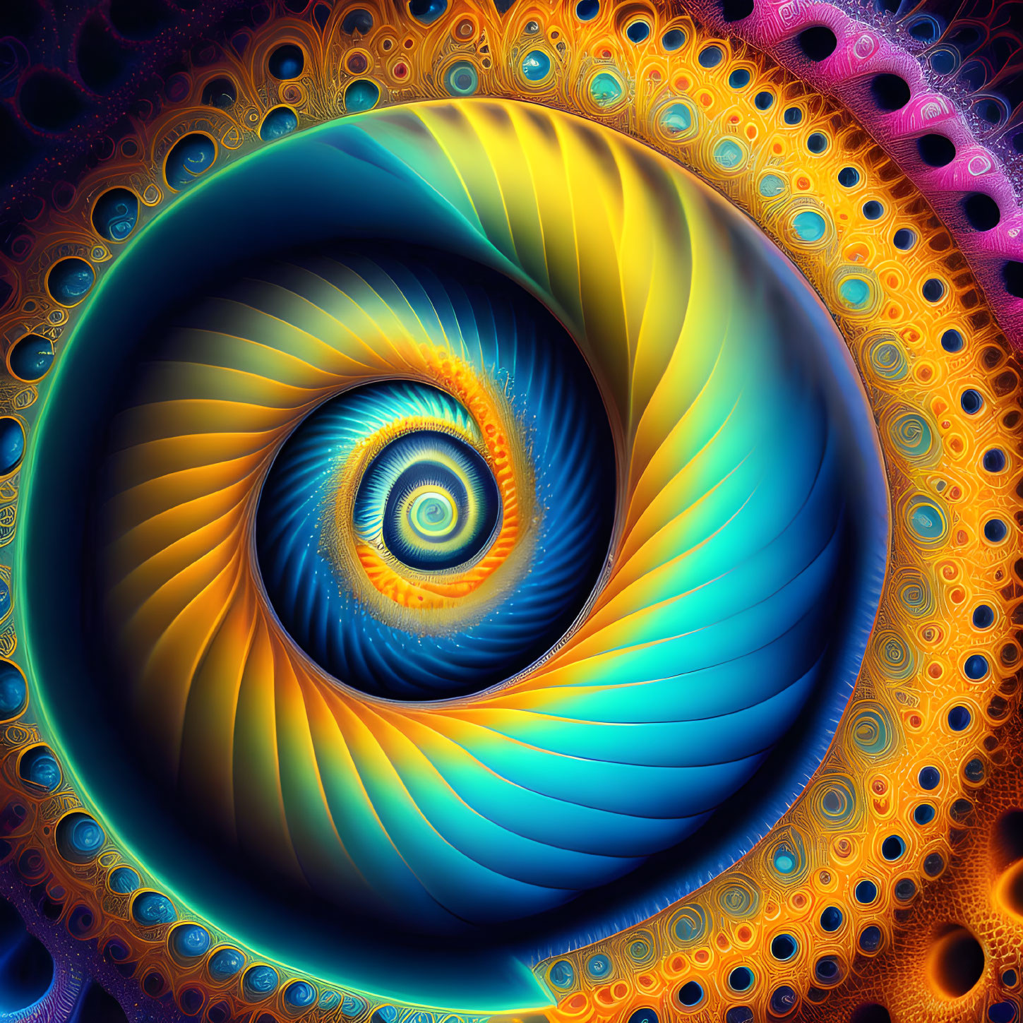Colorful Fractal Eye with Spiral Pattern in Blue, Yellow, Orange