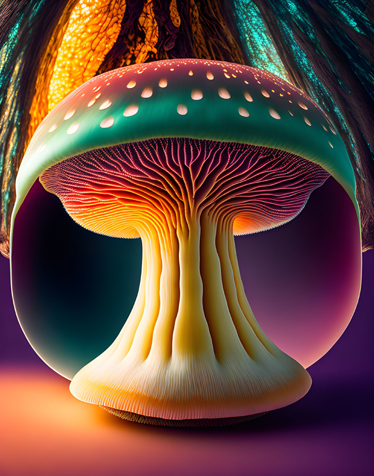 Colorful digital artwork of a luminous mushroom on purple background