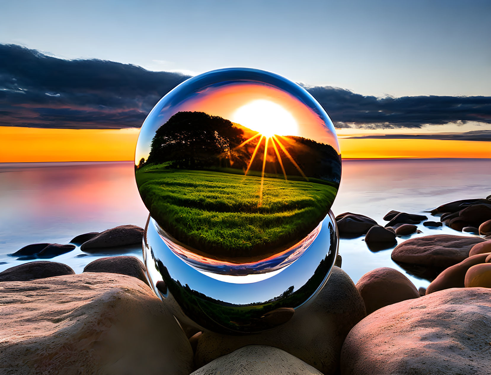 Crystal ball reflects sunset over green field and trees on rocky shore