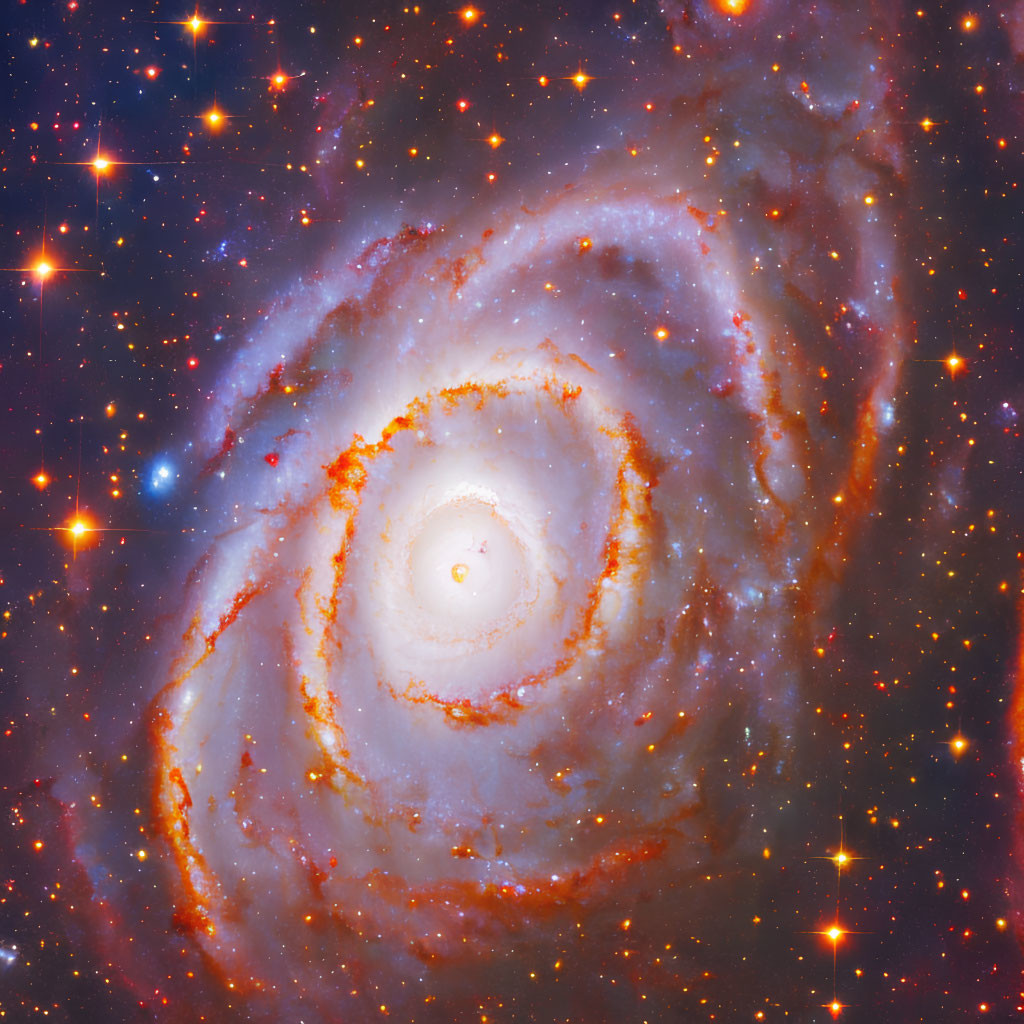 Vibrant Orange and Blue Spiral Galaxy with Star Formations