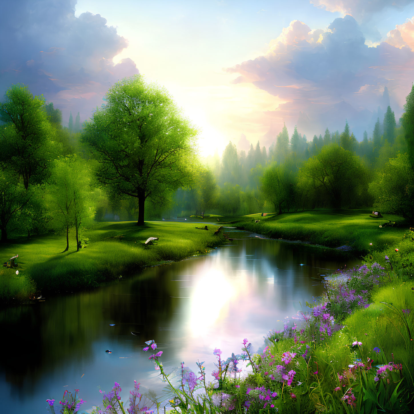 Tranquil river landscape with vibrant nature and clear sky