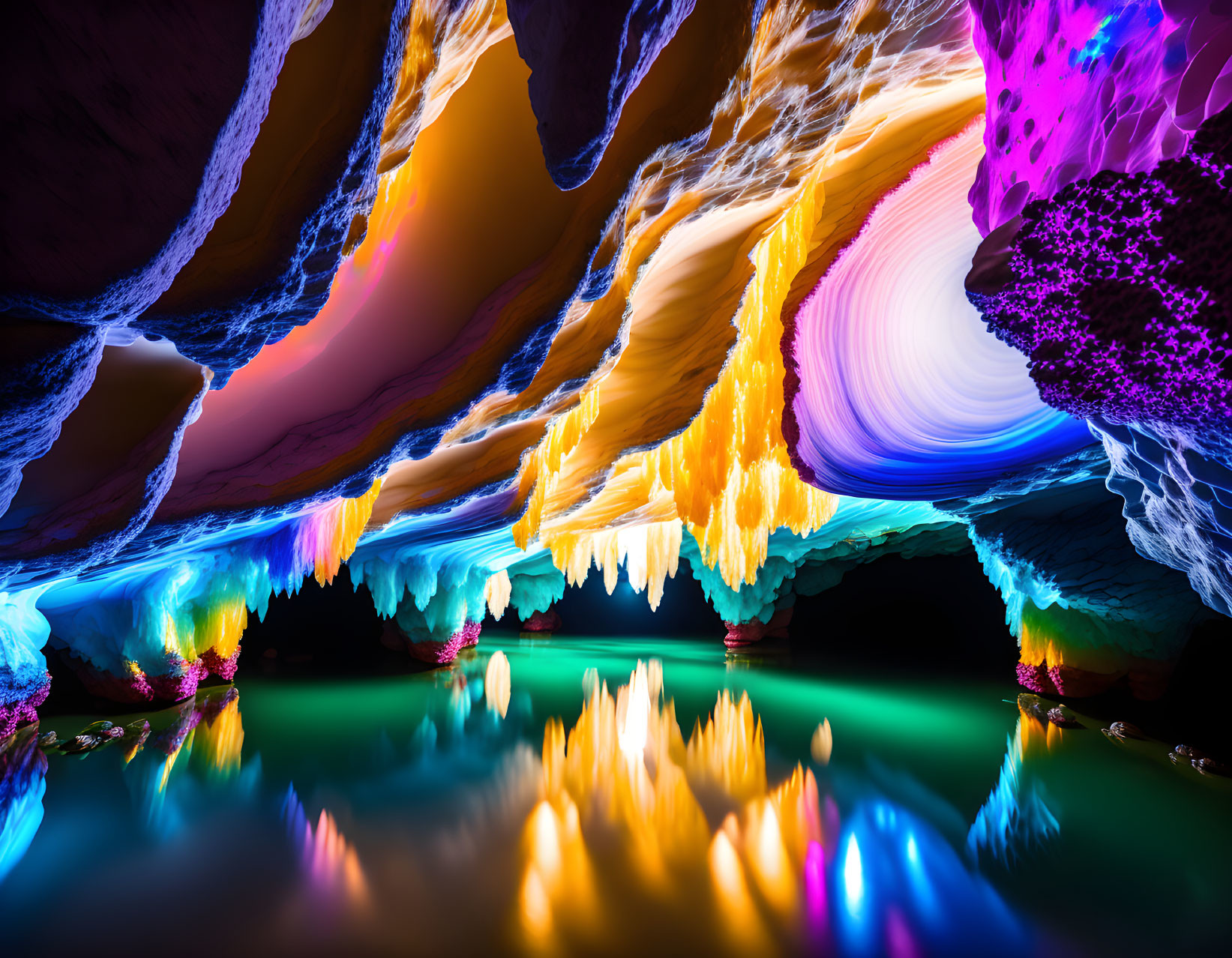 Multicolored Cave with Geological Formations and Reflective Water Surface