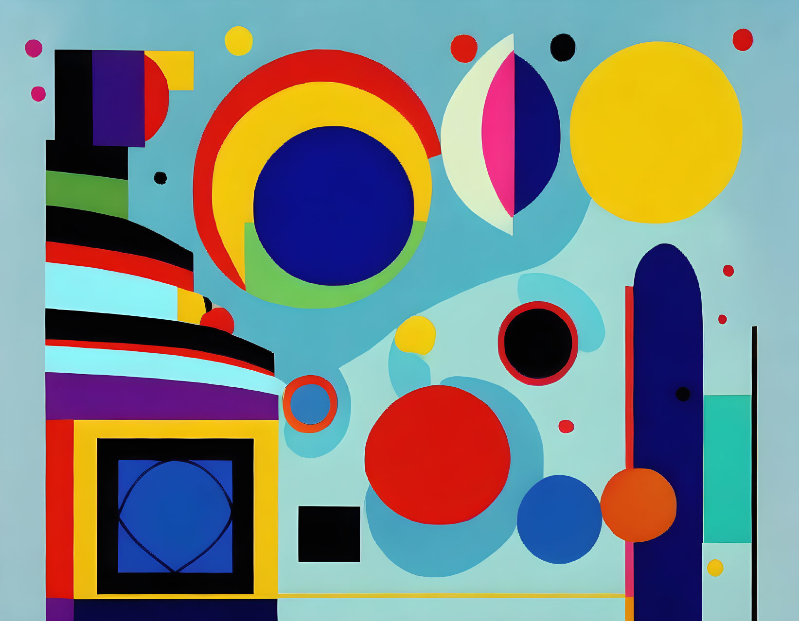 Colorful Geometric Painting with Circles, Stripes, and Shapes
