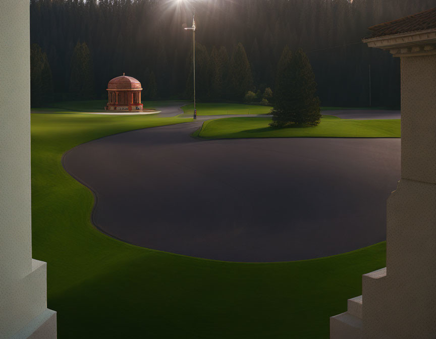 Tranquil golf course at dusk with gazebo, fairways, sand trap, and lampp