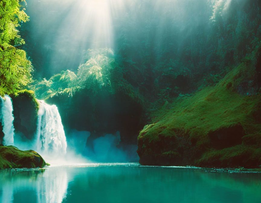 Tranquil waterfall with lush greenery and reflective blue water