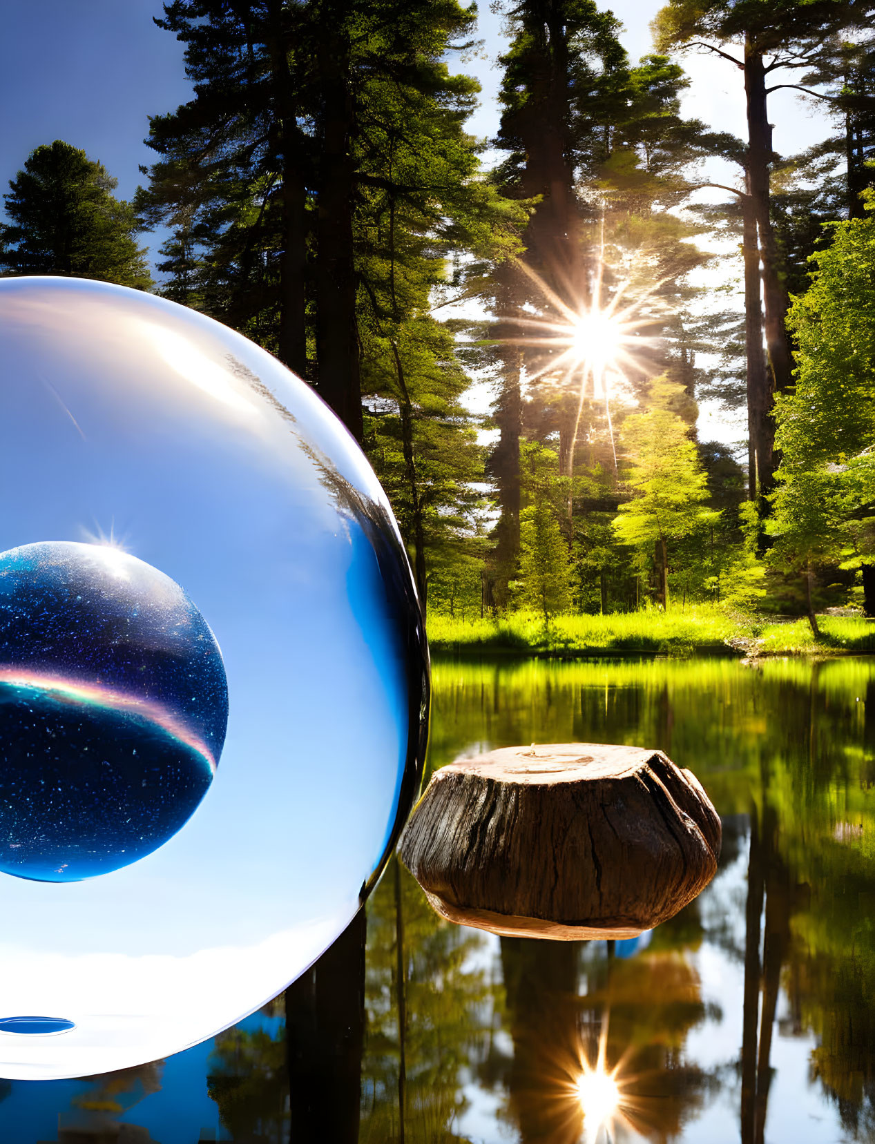 Reflective sphere on stump by tranquil lake in sunlit forest