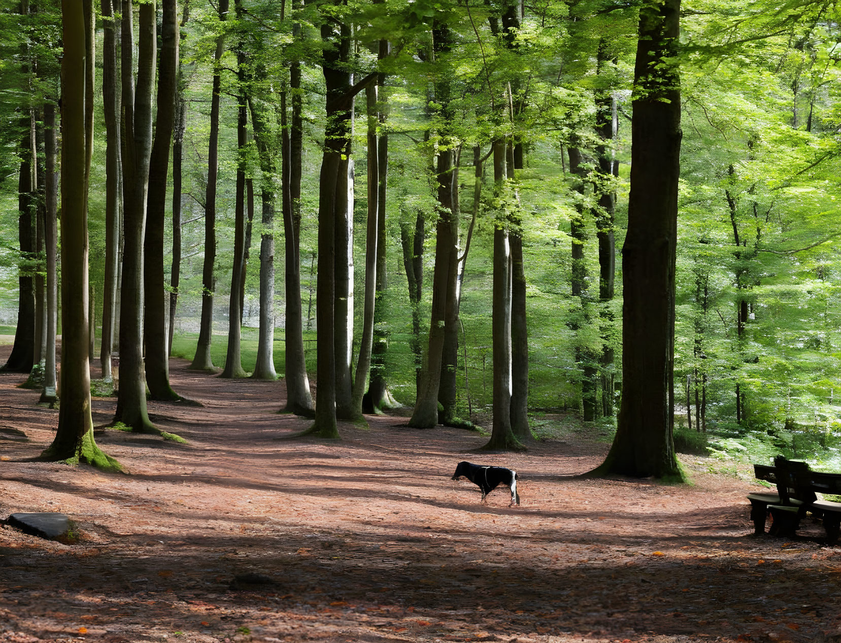 Black Dog Walking Through Tranquil Forest with Benches