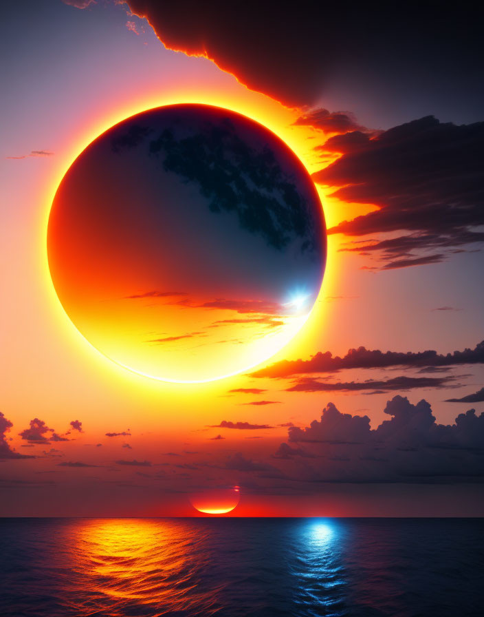Surreal image of giant glowing orb over ocean at sunset
