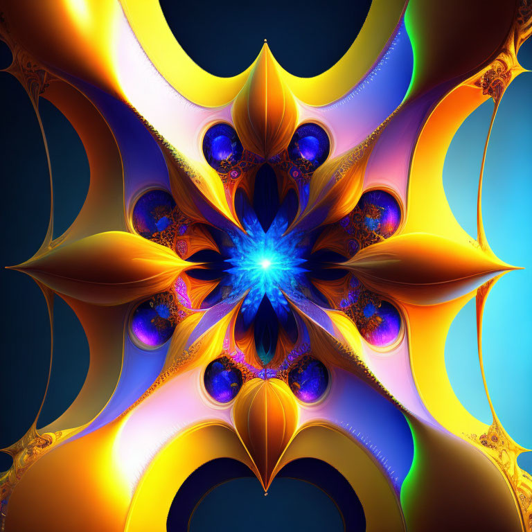 Symmetrical Floral Digital Fractal Artwork in Blue, Orange, and Yellow Hues