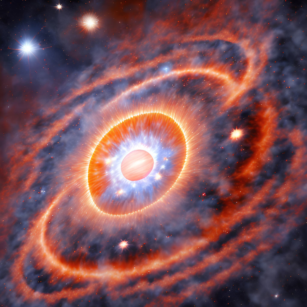 Vibrant Orange and Blue Nebula with Rings Around Star