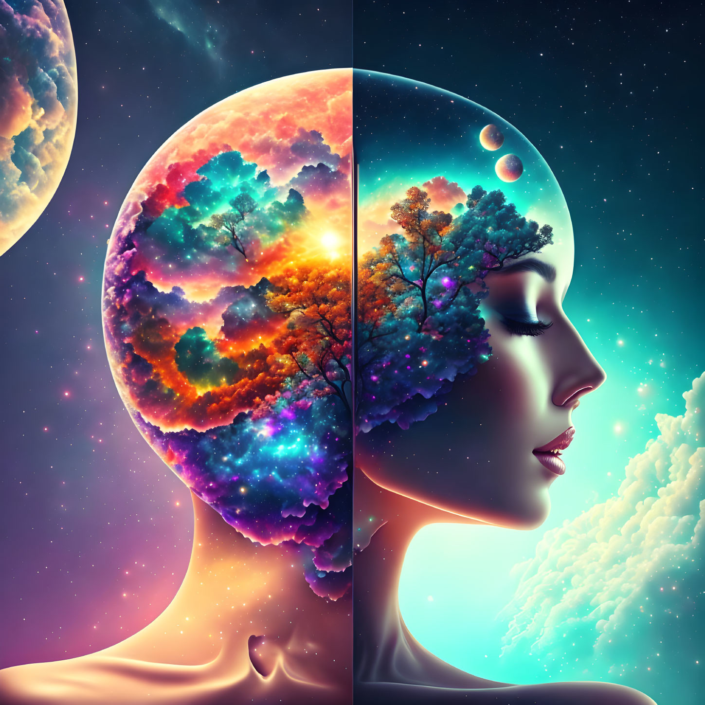 Surreal profile portrait with cosmic tree head on celestial background