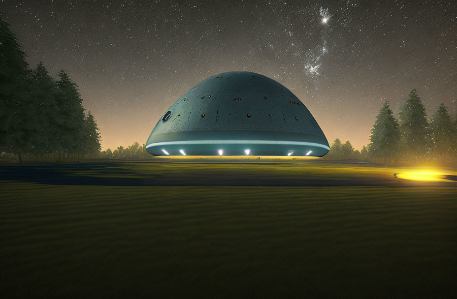 Illuminated UFO hovers over grassy field at night