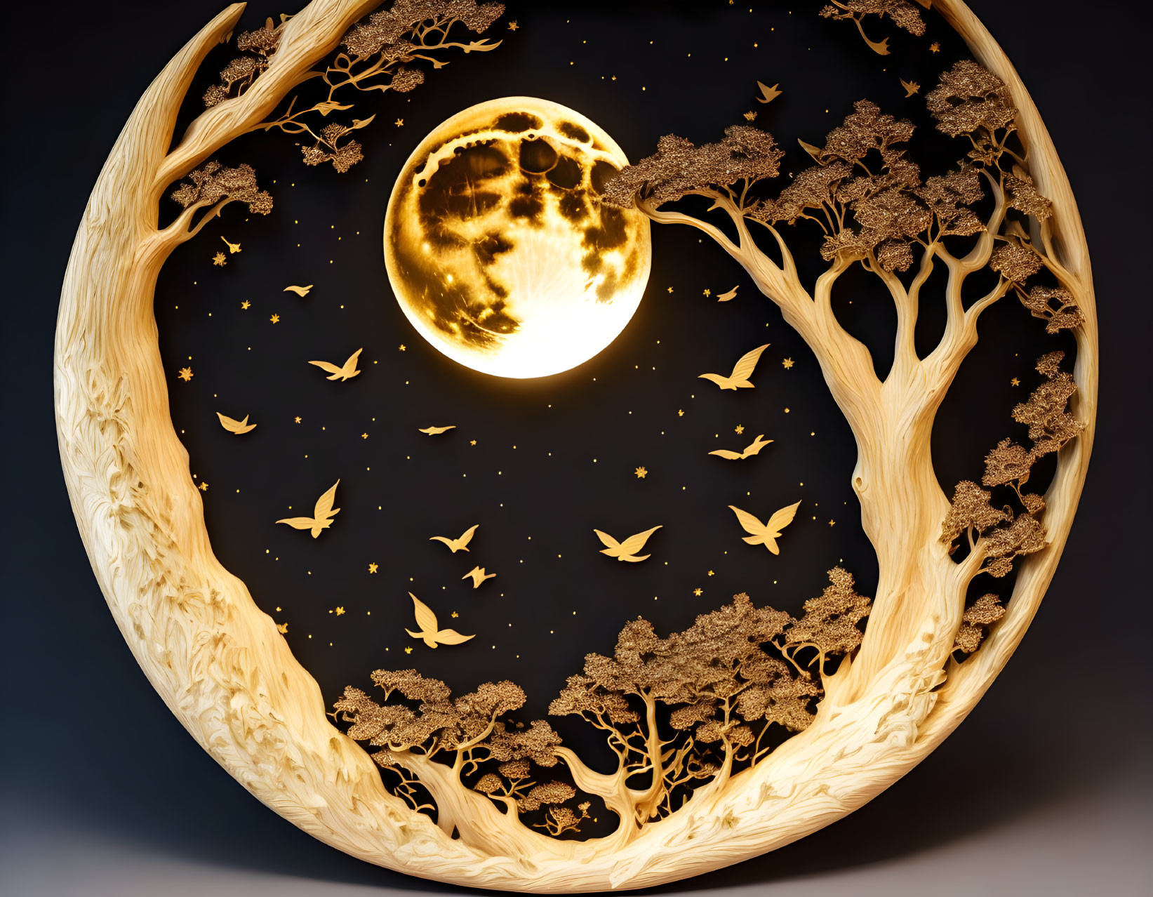 Golden moon behind tree, wood relief gold plated