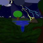 Nighttime Golf Course Scene with Lightning and Illuminated Trees and Pond