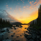 Scenic sunset over mountain landscape with forest and river.