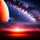 Large planet rising over crimson ocean with star and Milky Way in cosmic view