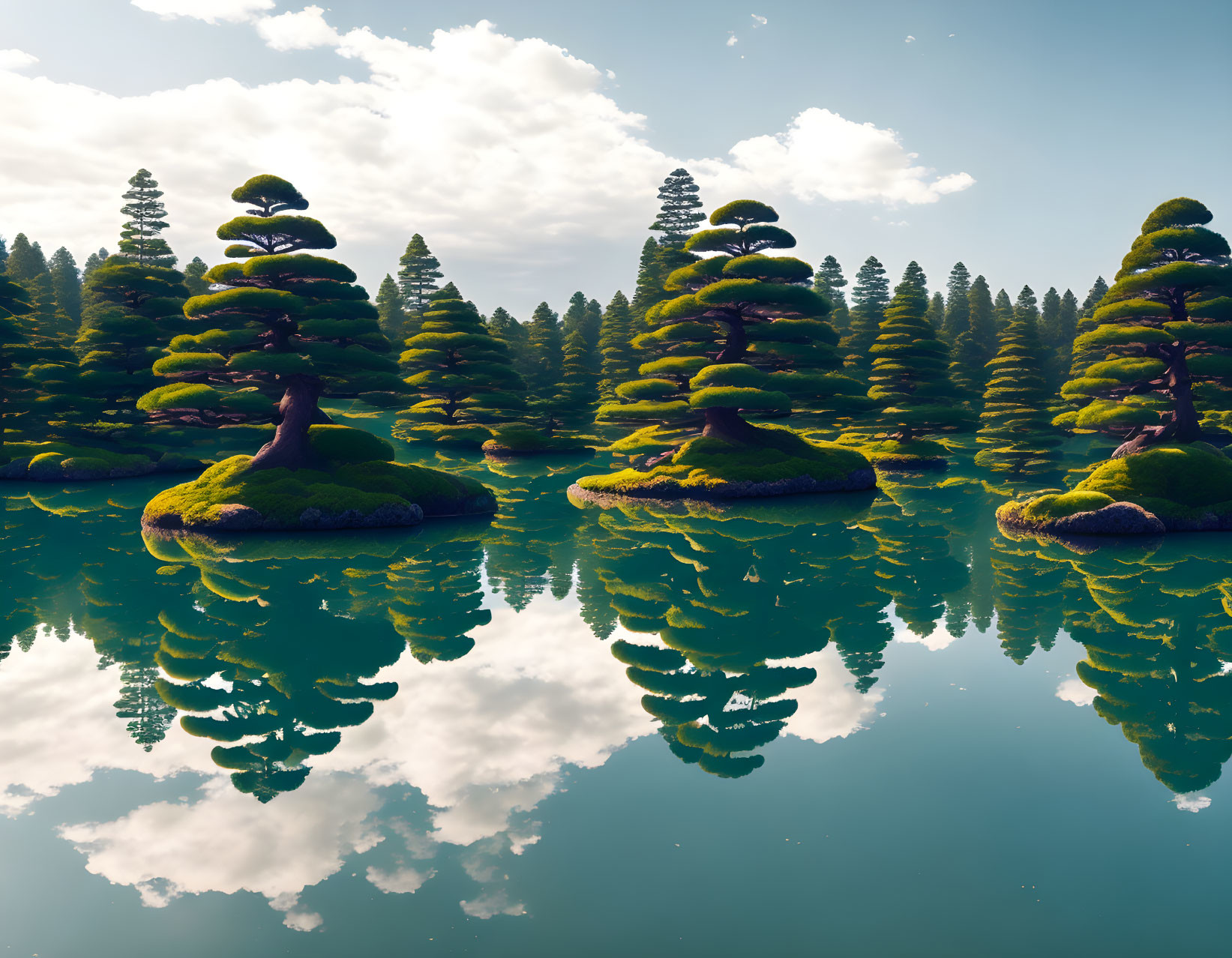 Surreal tree-covered islands reflected in calm lake
