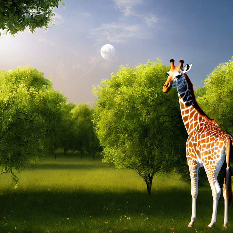 Giraffe in lush green meadow under bright moon sky