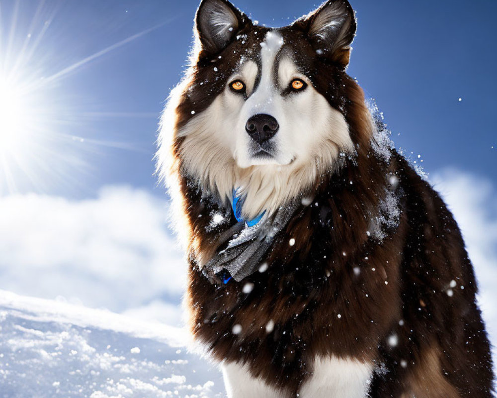 Majestic Alaskan Malamute Dog in Snow with Blue Collar