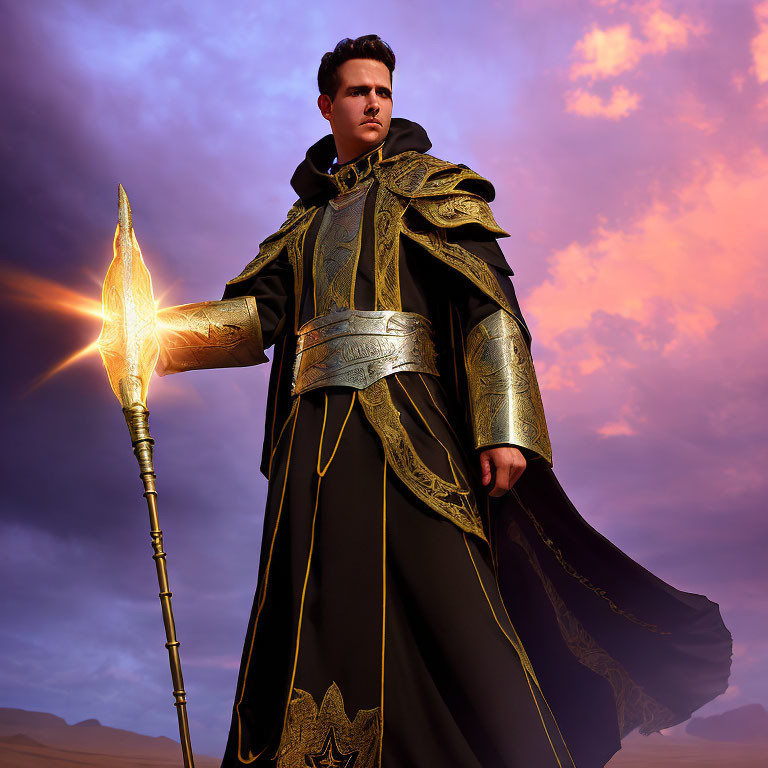 Person in Black and Gold Robes with Glowing Spear at Twilight