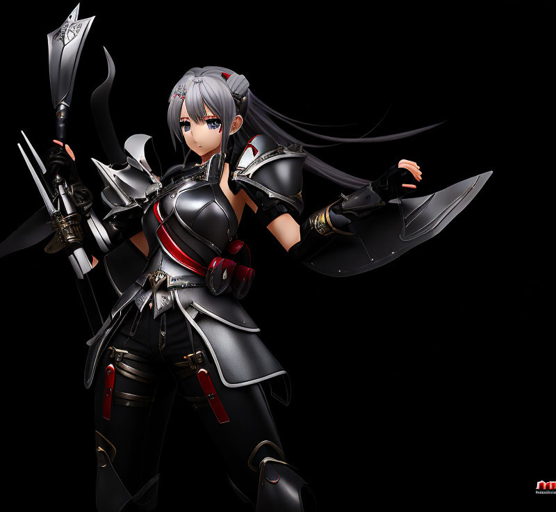 Female warrior in black and red armor with spear and shield on dark background
