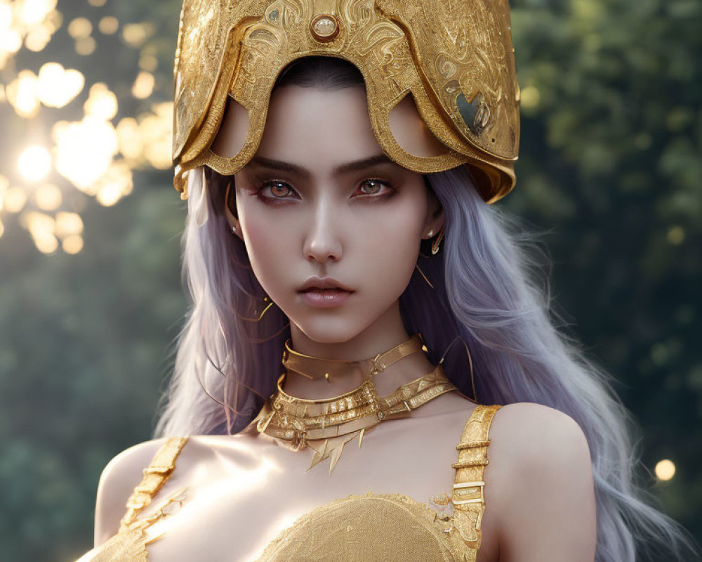 Digital artwork of woman with purple hair and gold armor in forest setting