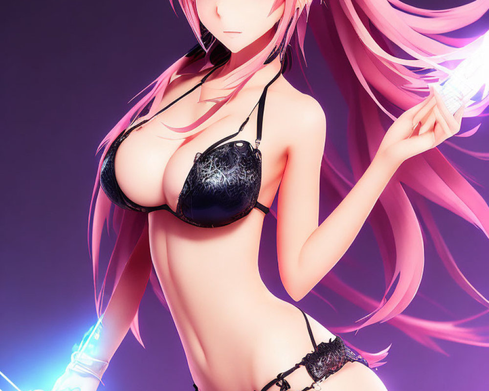 Anime-style Female Character with Pink Hair in Revealing Black Attire Holding Glowing Sword on Purple Background