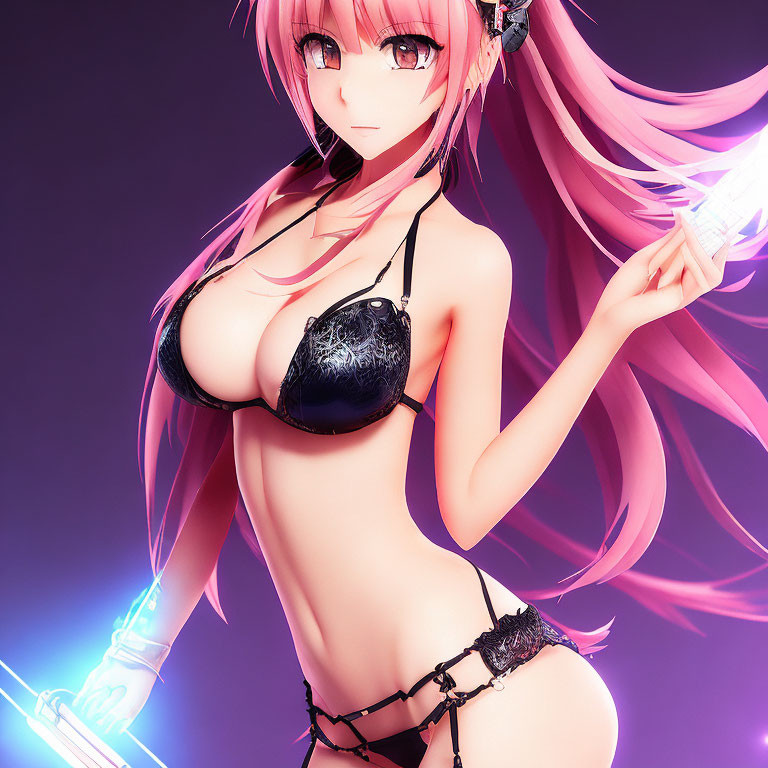 Anime-style Female Character with Pink Hair in Revealing Black Attire Holding Glowing Sword on Purple Background