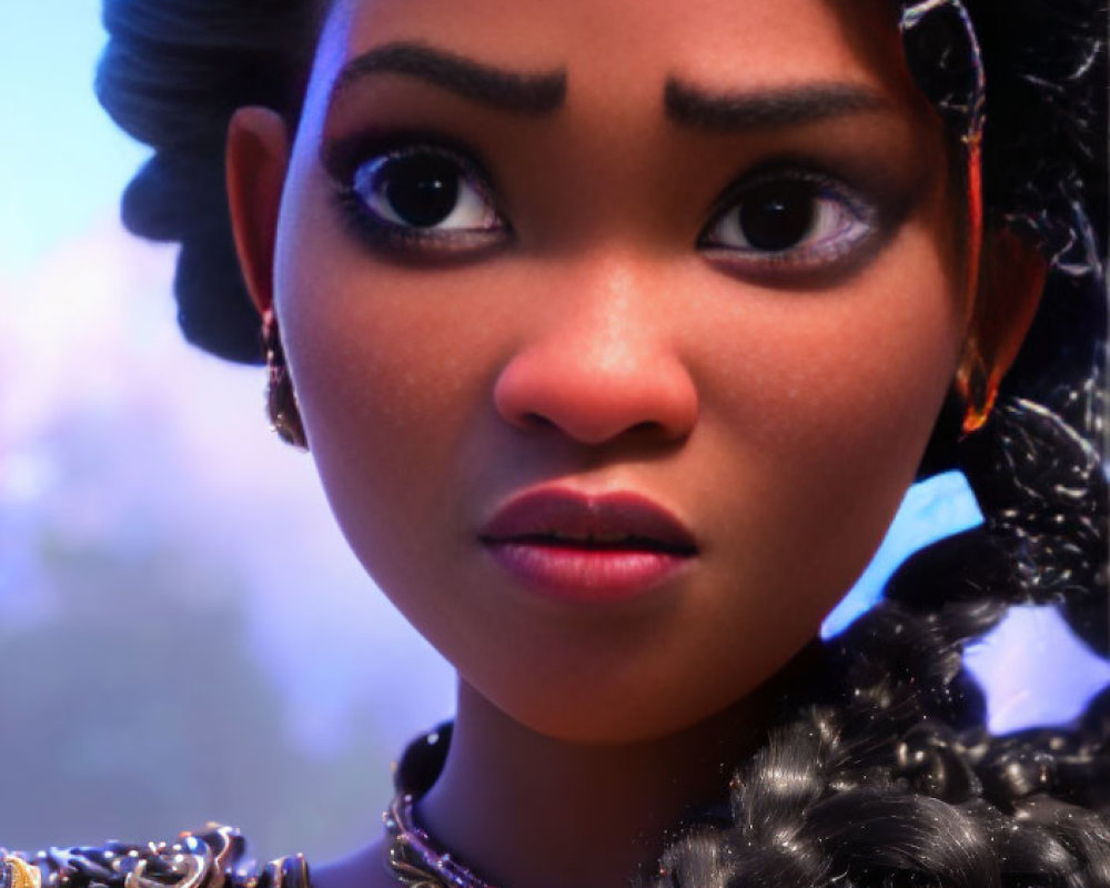 Detailed 3D animated female character with curly hair and ornate armor in natural setting