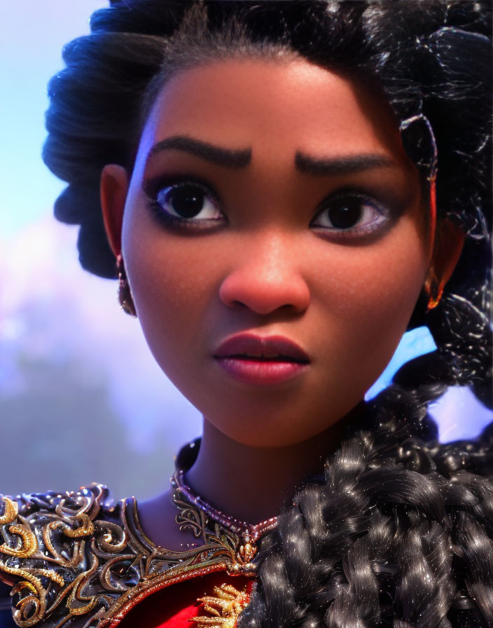 Detailed 3D animated female character with curly hair and ornate armor in natural setting