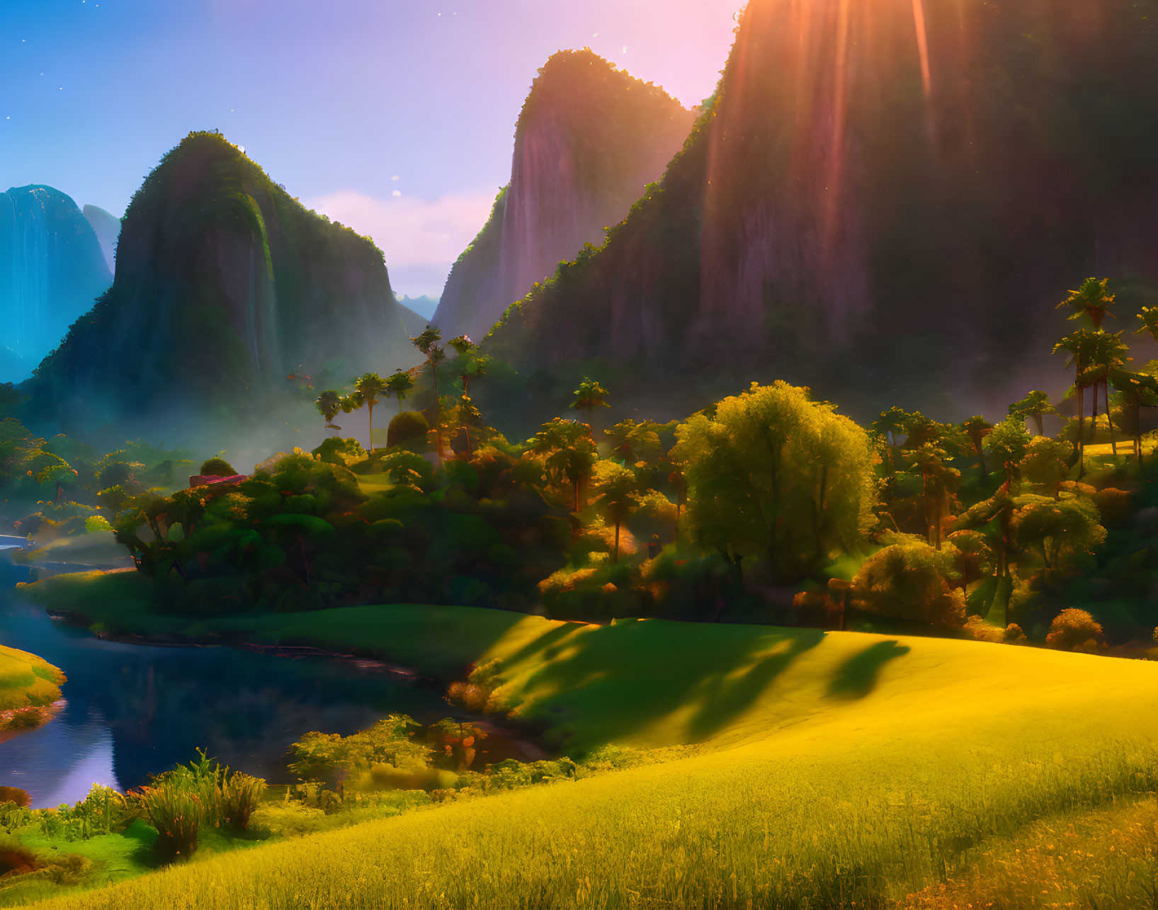 Scenic valley with river, green trees, and mountains at sunrise