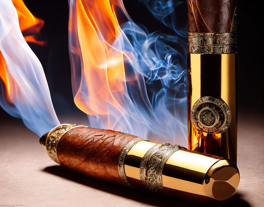 Luxurious Cigar with Golden Bands and Metallic Lighter in Artistic Setting