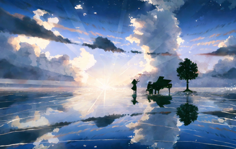 Illustration of pianist and tree reflected on mirrored surface under sunny sky