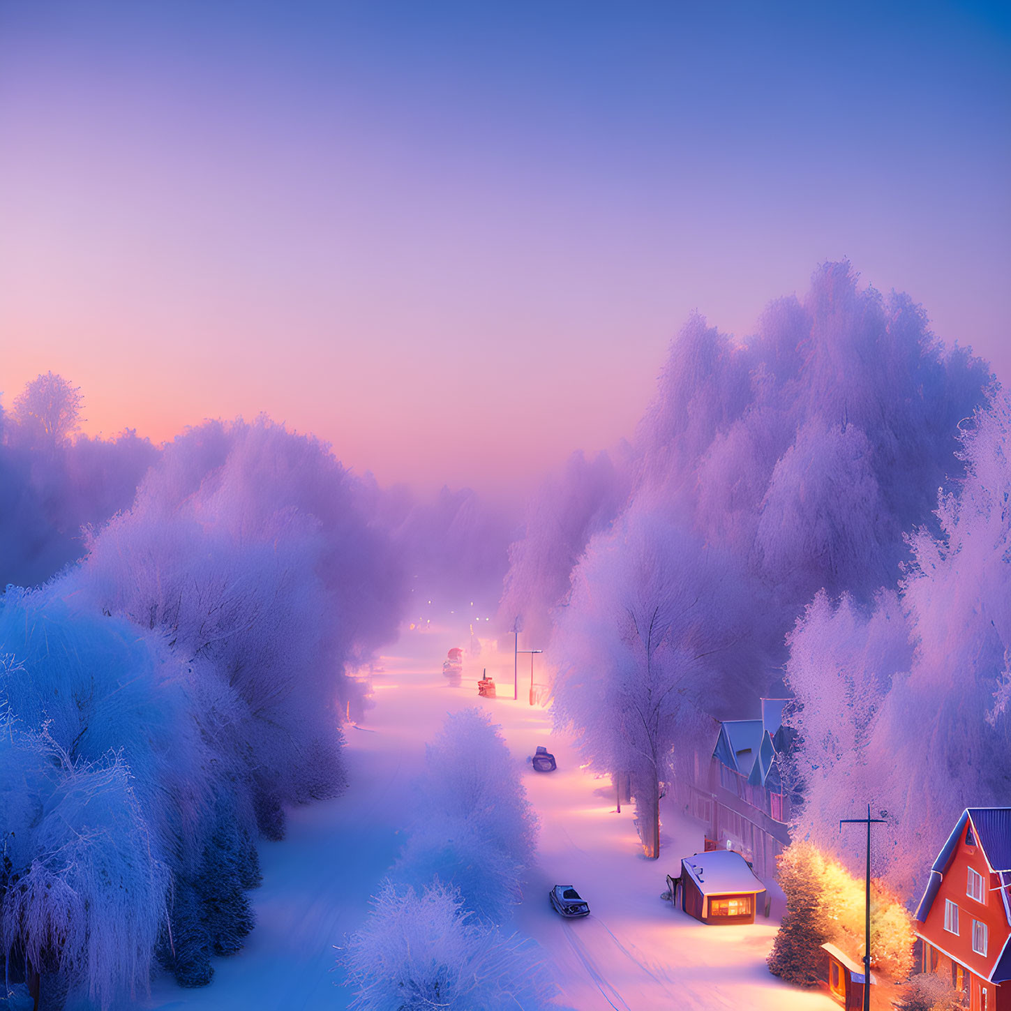 Snow-covered trees and cozy houses in serene winter street scene.