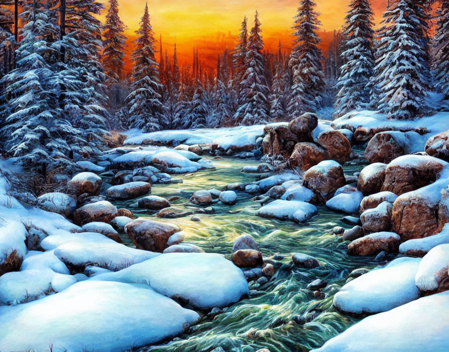Snow-covered forest and river at sunset in winter landscape