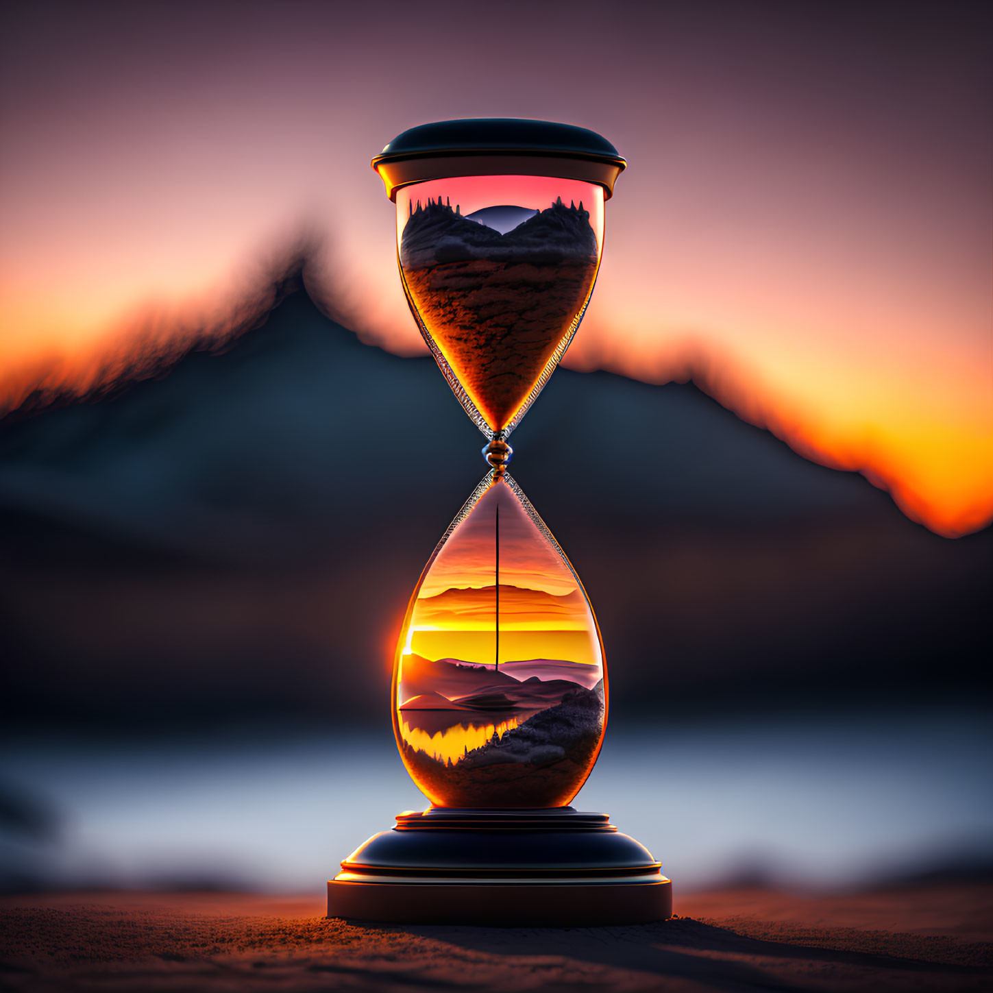 Hourglass on sandy surface with mountain landscape and sunset sky