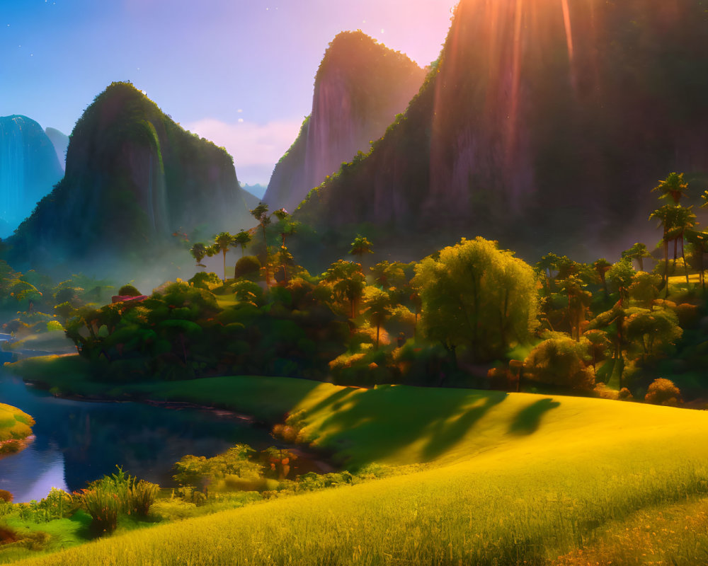 Scenic valley with river, green trees, and mountains at sunrise