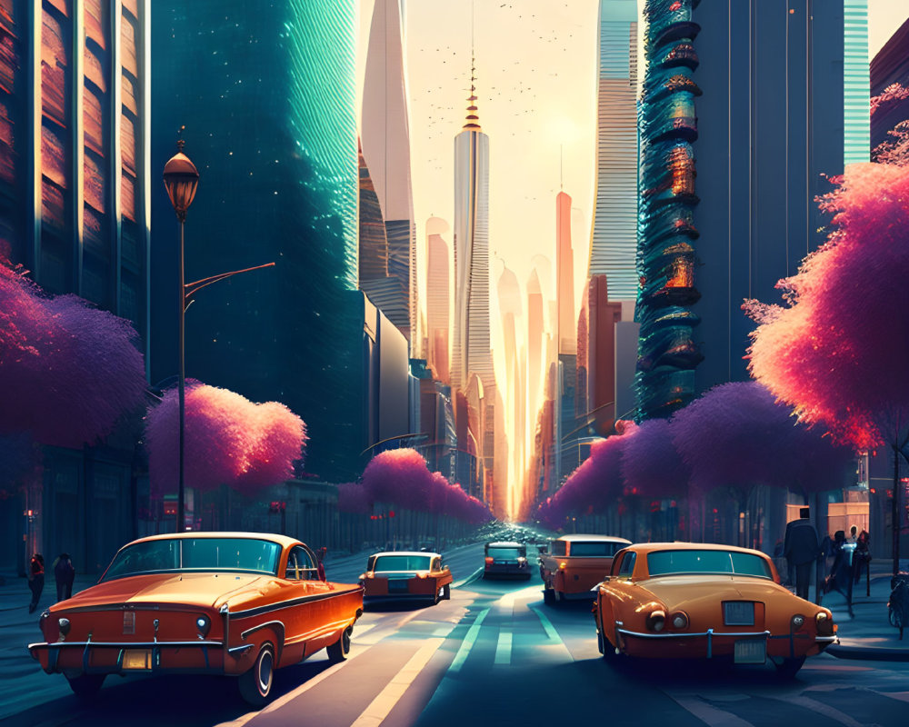 Futuristic cityscape with skyscrapers, vintage cars, and warm-hued sky