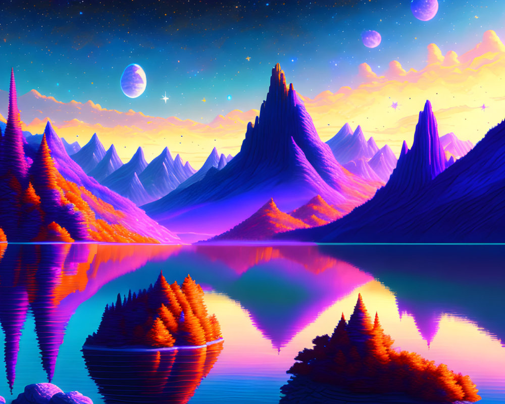 Colorful digital art: Purple mountains, multicolored trees, reflective lake, starry sky.