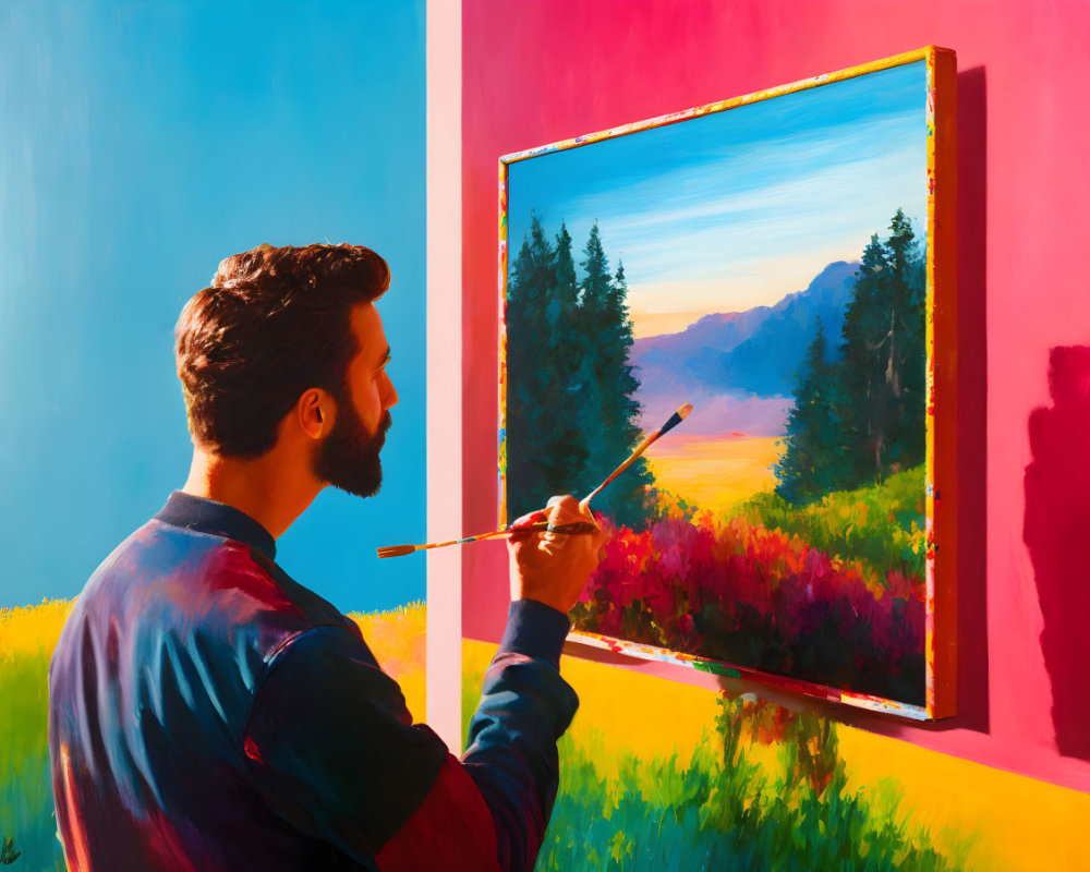 Man painting vibrant landscape on canvas with colorful contrast.
