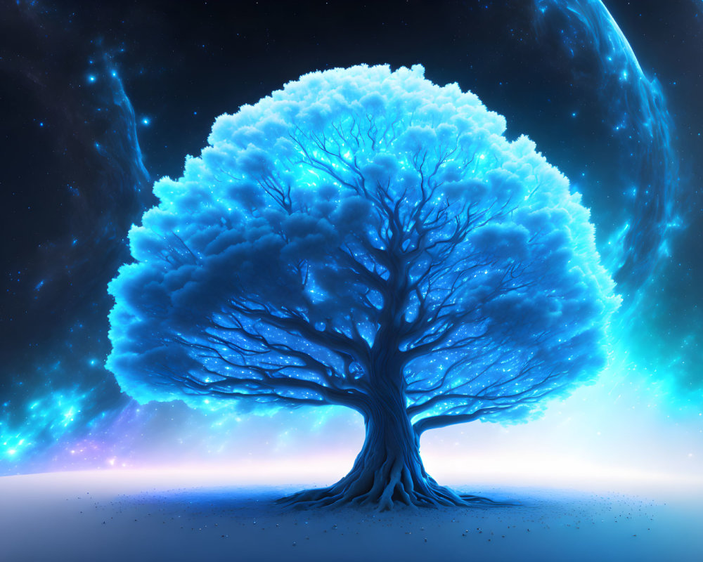 Blue Tree Under Starry Sky with Cosmic Energy: Otherworldly and Magical