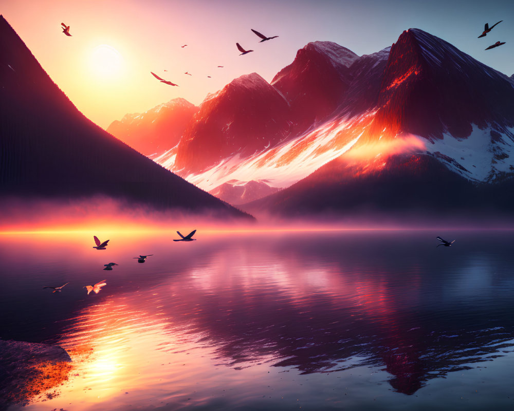 Tranquil lake at sunset with birds, snow-capped mountains