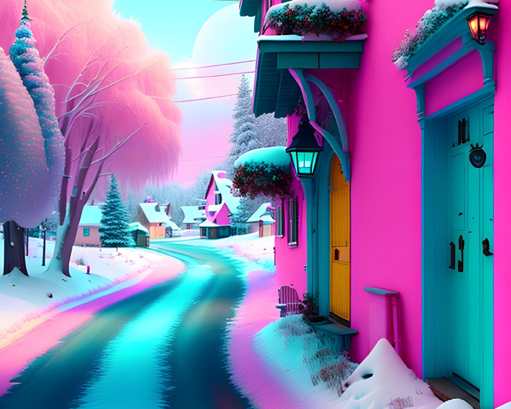 Colorful Snowy Village Street at Sunset