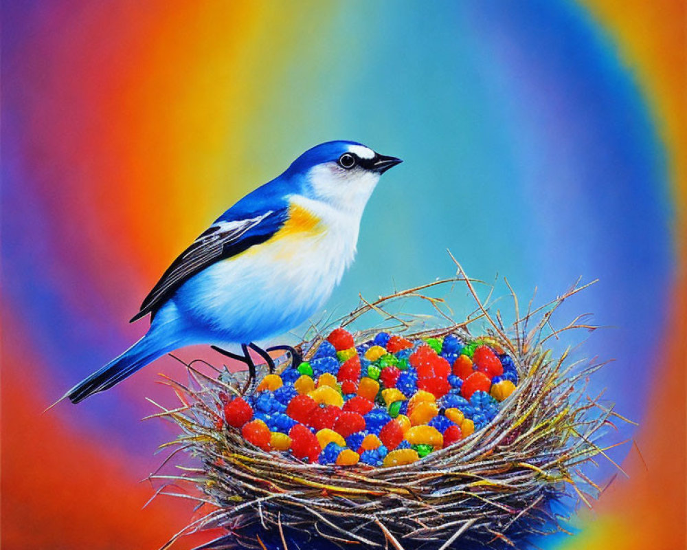 Vibrant painting: Blue bird on candy-filled nest against rainbow background