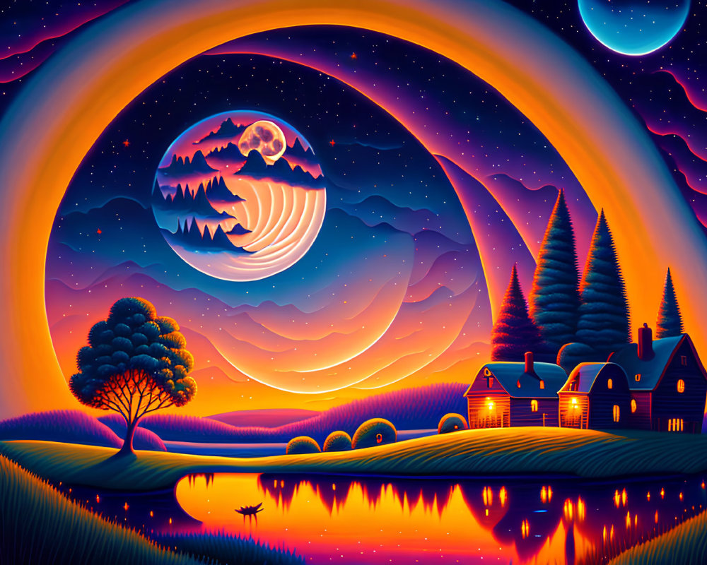 Digital art landscape of moonlit lake and cozy house