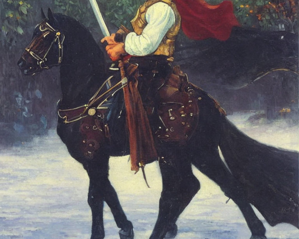 Historical knight in armor on black horse with sword, red cape, snow-covered trees