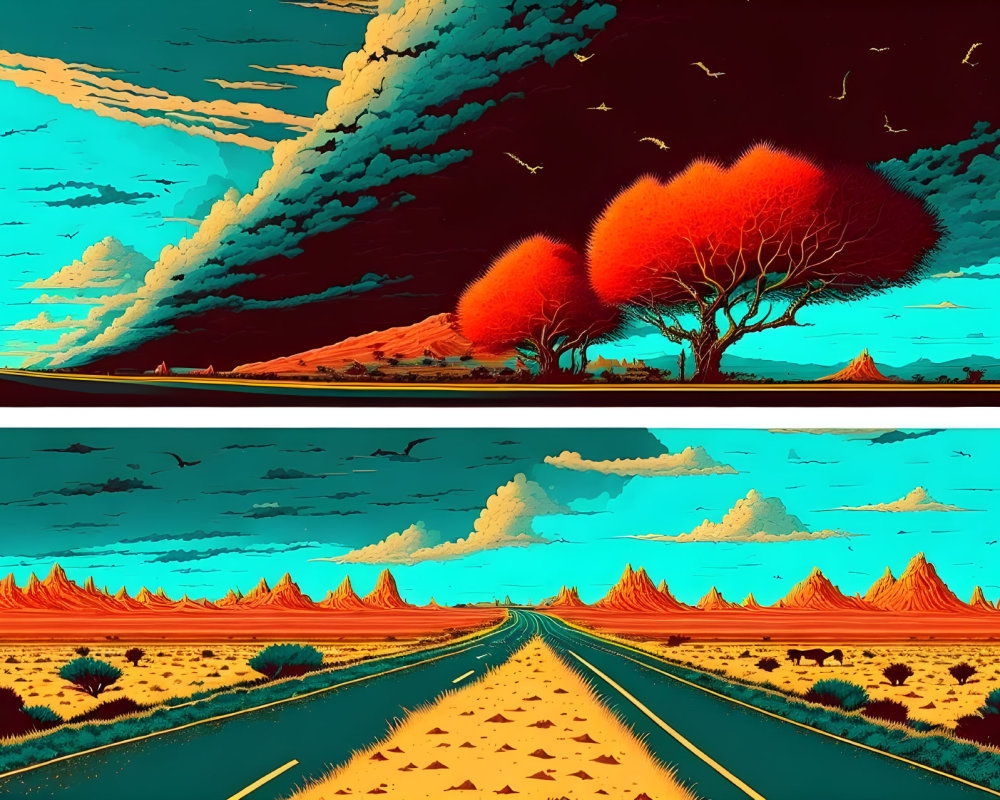Colorful digital artwork: Contrasting landscapes, vibrant skies, orange terrain, red foliage, birds in