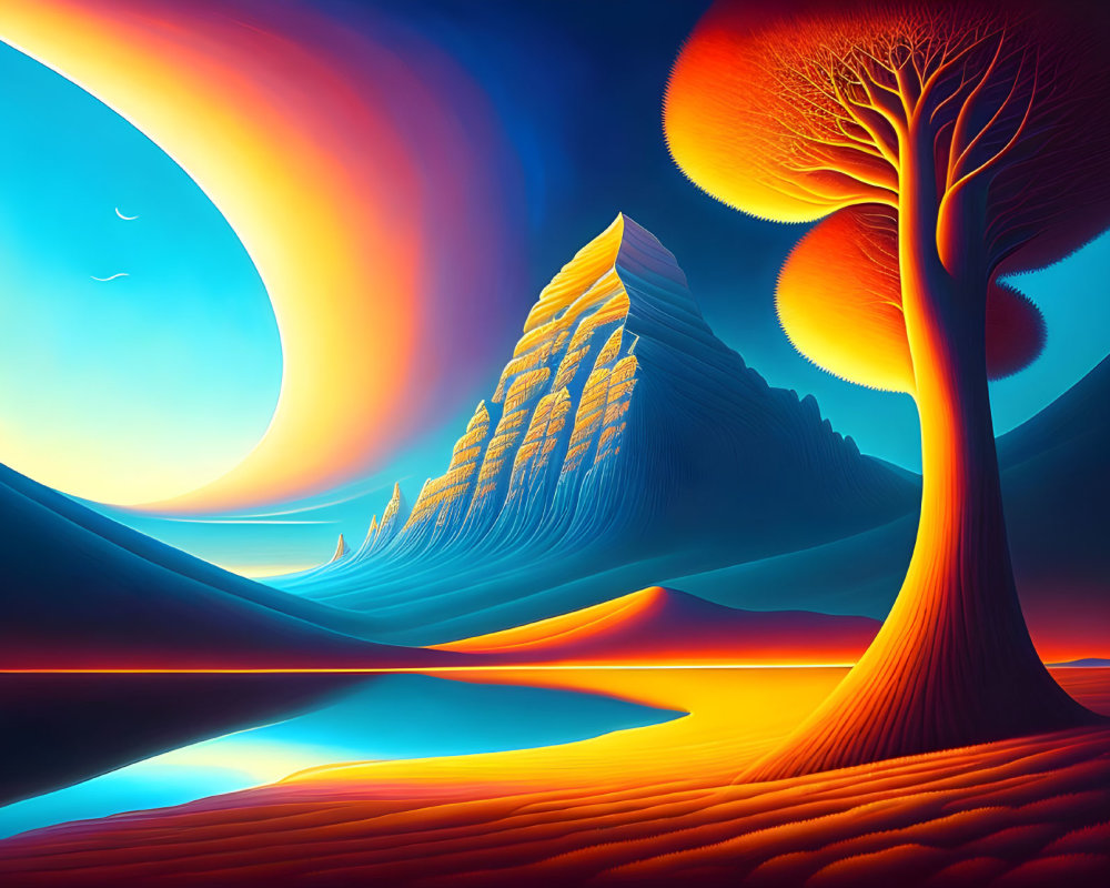 Surreal landscape digital artwork with fiery tree and layered mountain